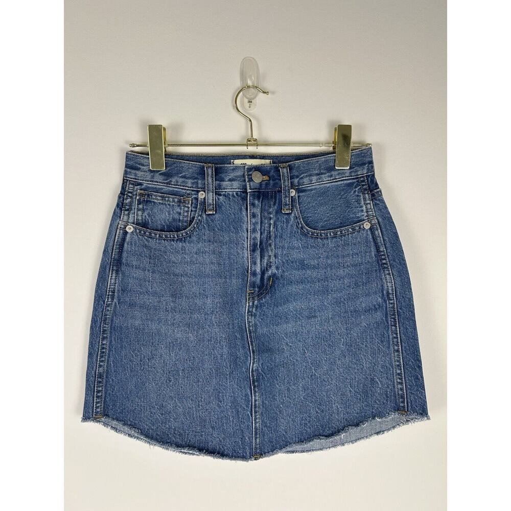 Madewell Mini Skirt Womens 25 Blue Rigid Denim A-Line Cotton NWT Raw Hem‎ Curve